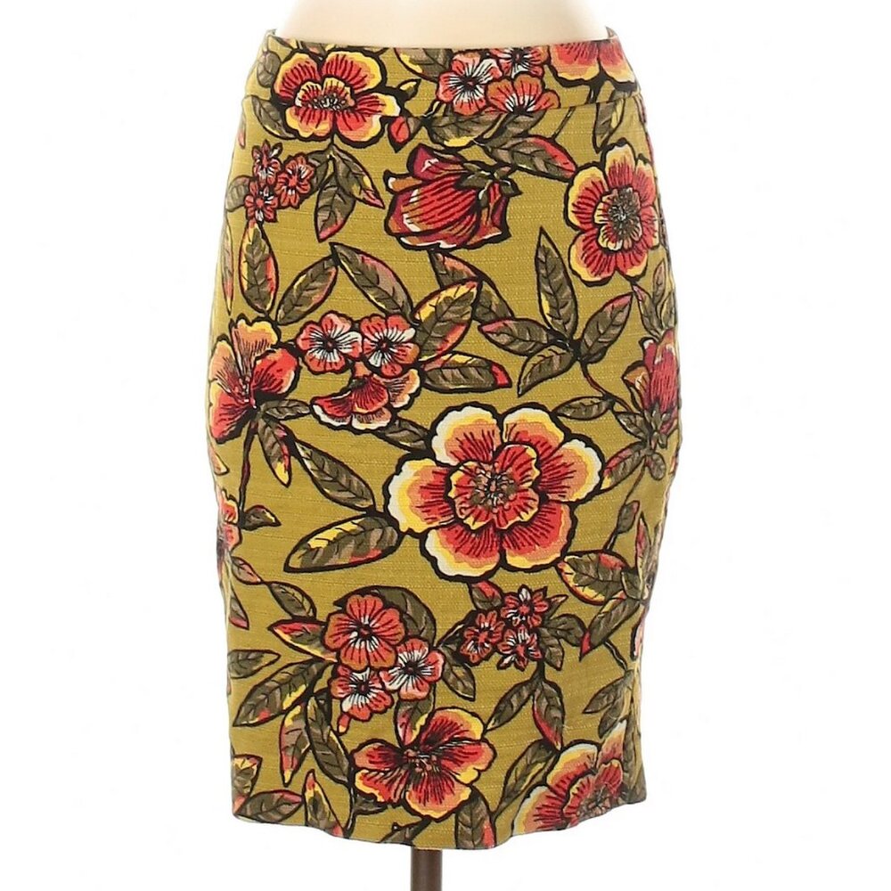 LOFT Floral Pencil Skirt in Olive with Red and Yellow Blooms
